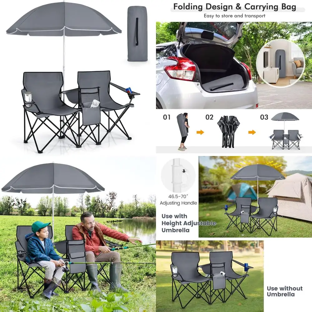 

Складные походные стулья со съемным зонтом, подстаканниками, сумкой-холодильником, боковыми карманами и сумкой для переноски для двух человек