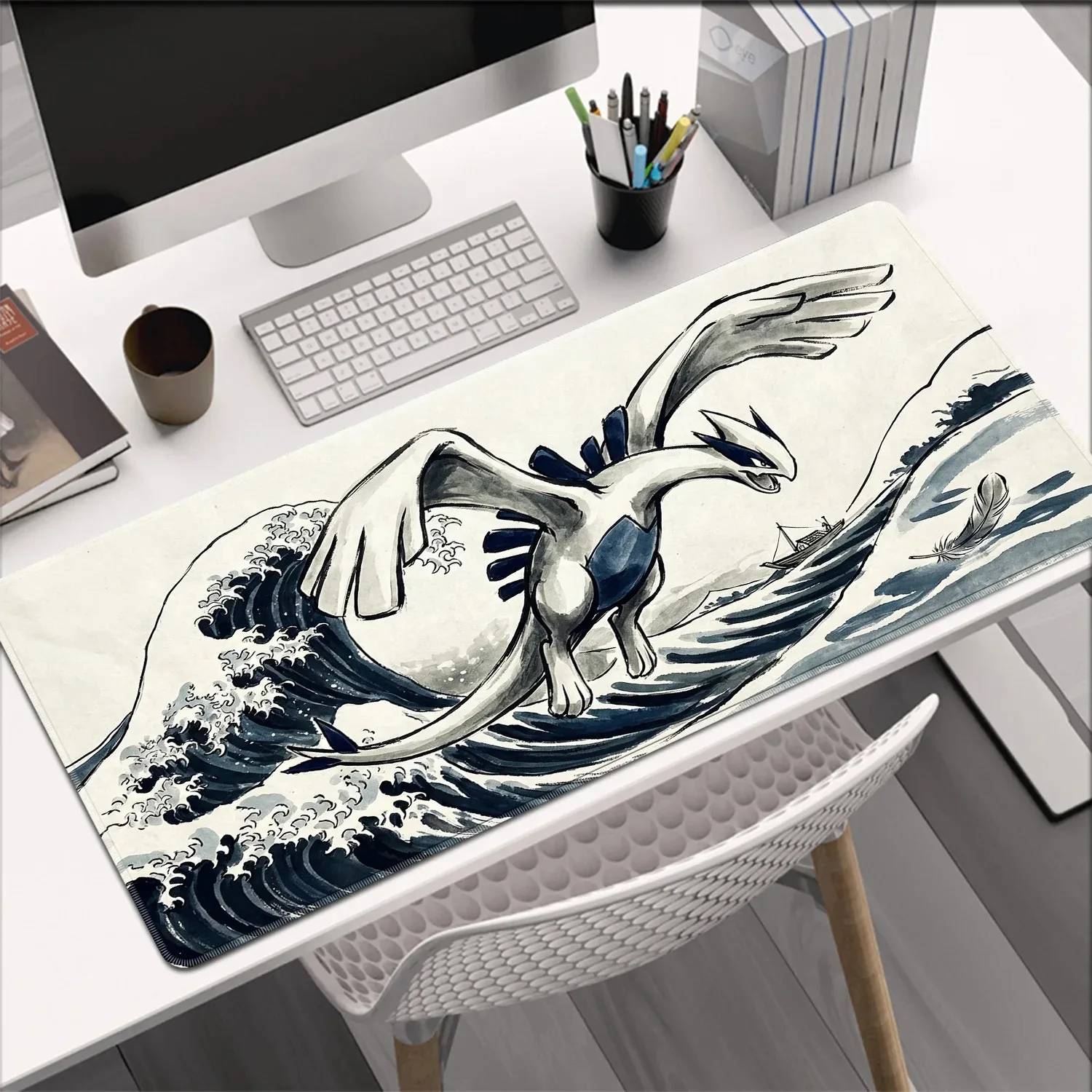 Anime-Mauspad mit Wash-Painting-Motiv, P-Pokemon, 100 x 50 cm, rutschfest, langlebig, Gaming-Schreibtischunterlage, Computer-Tastaturunterlage, bedrucktes, erweitertes Mauspad
