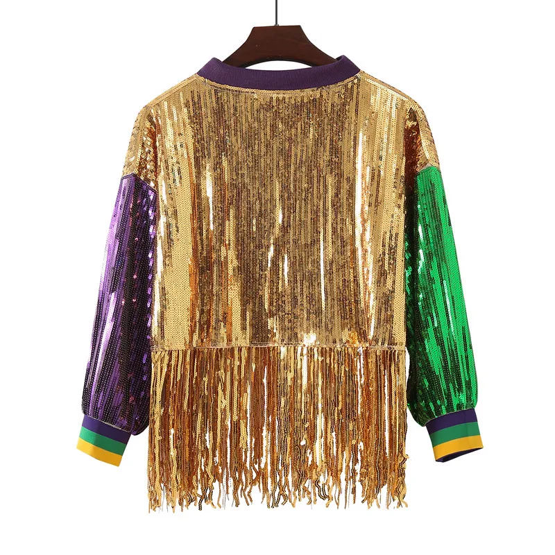 2025 خريف موضة جديدة الترتر شرابة المرأة سترة بأكمام طويلة عادية البيسبول طوق معطف الإناث