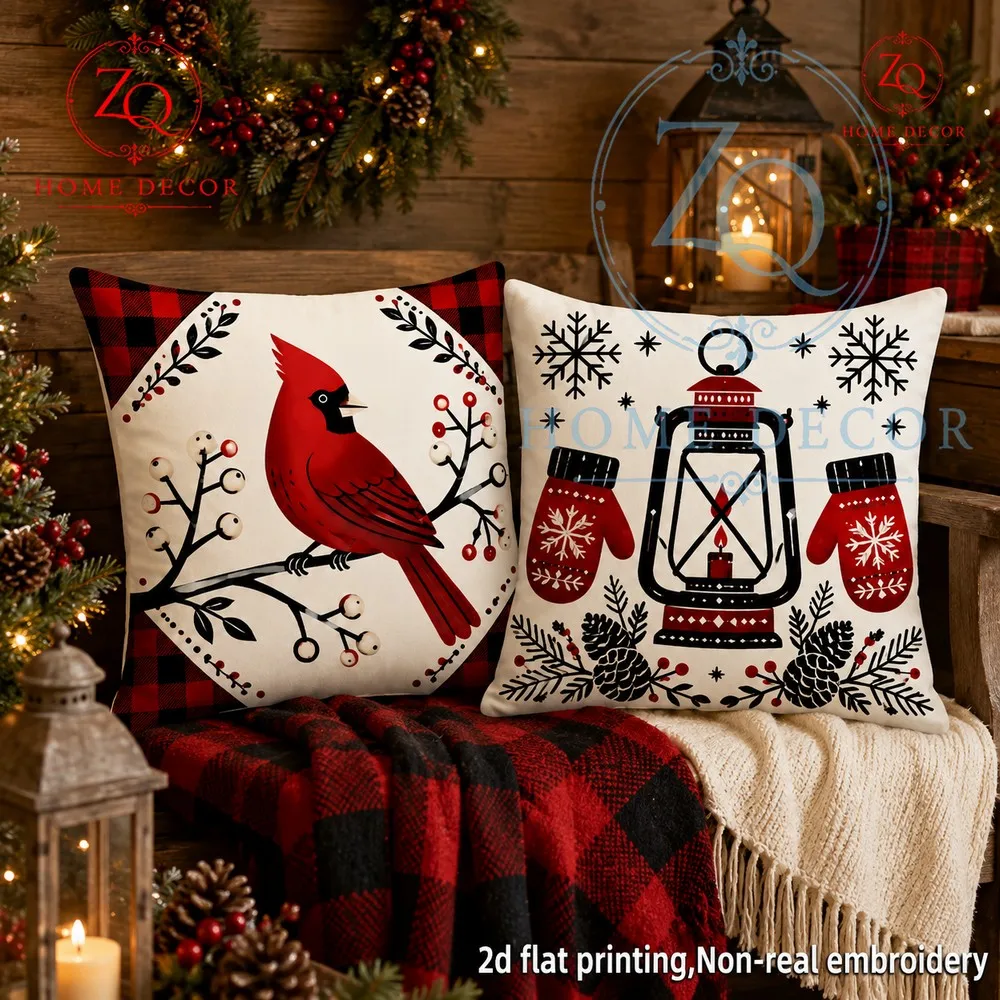 Christmas red finches lantern pillowcase American retro Christmas mosphere decorion