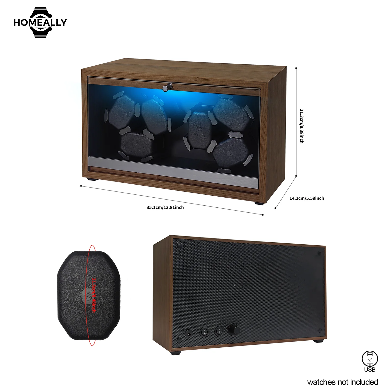 3/6 Slots Automatic Watch Winder, Wood Grain Watch Storage Box with LED Light, Watch Display Case for Men Women, USB Powered