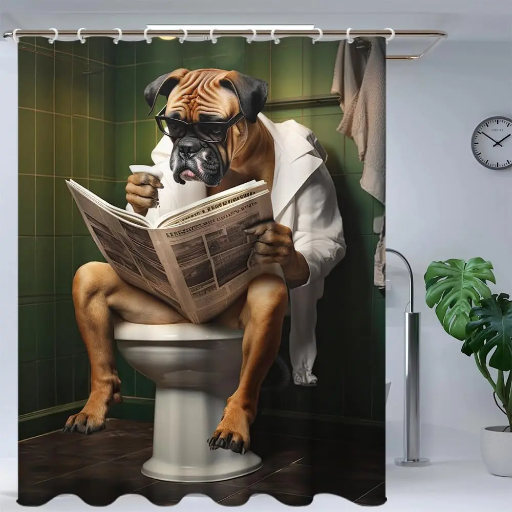 Funny Boxer Dog Bath Shower Curtain,Cute Dogs Reading Newspaper on Toliet Bathroom Curtain Washable Cloth Kids Shower Curtain
