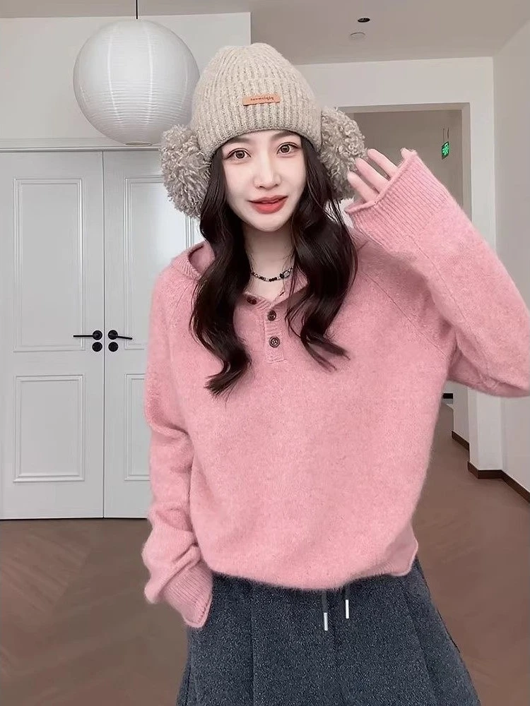 

Korean Sle Pink Hooded Sweater Jaet Women's Autumn Winter Thiened Lazy Sle Long Sve Knitted Outerwear Top