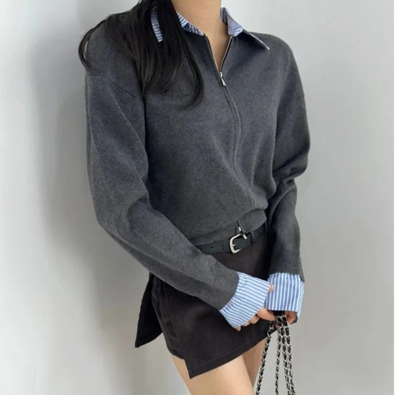 Maglione coreano da donna lavorato a maglia Ne aperto sul davanti Patchwork a righe Falso in due pezzi lungo Sve Autunno Inverno Top