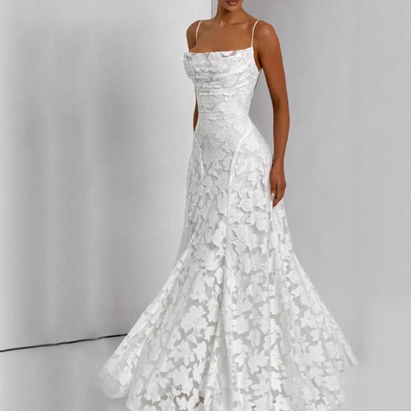 Boho New Sexy Sleeveless Backless Dress Elegant Jacquard Crochet Lace Prom Dresses Summer Solid Slash Neck Embroidery Long Dress