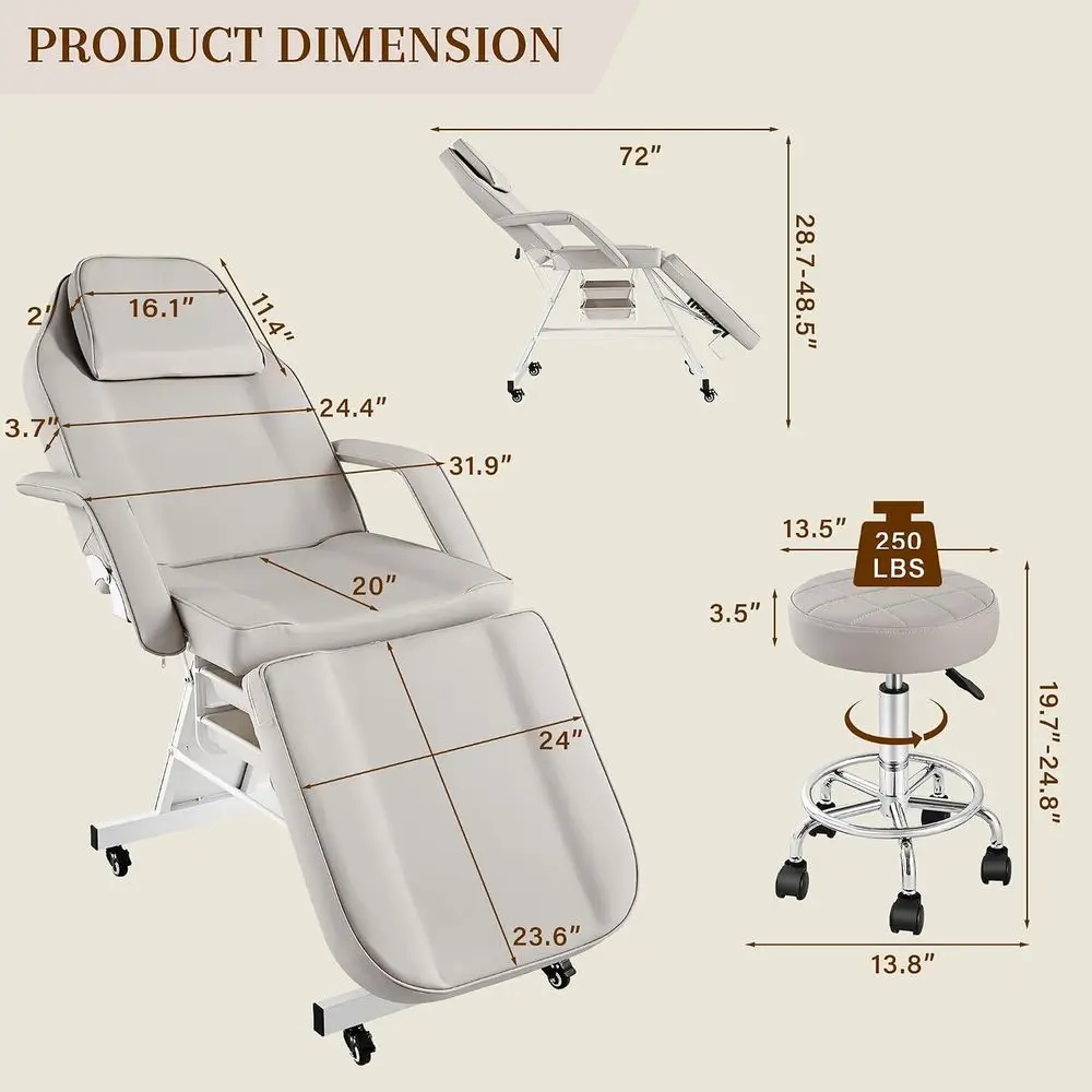 Professional Adjustable Tattoo Chair with Wheels, Esthetician Massage Bed with Stool, Pro Salon Lash Tattoo Table with Breathing