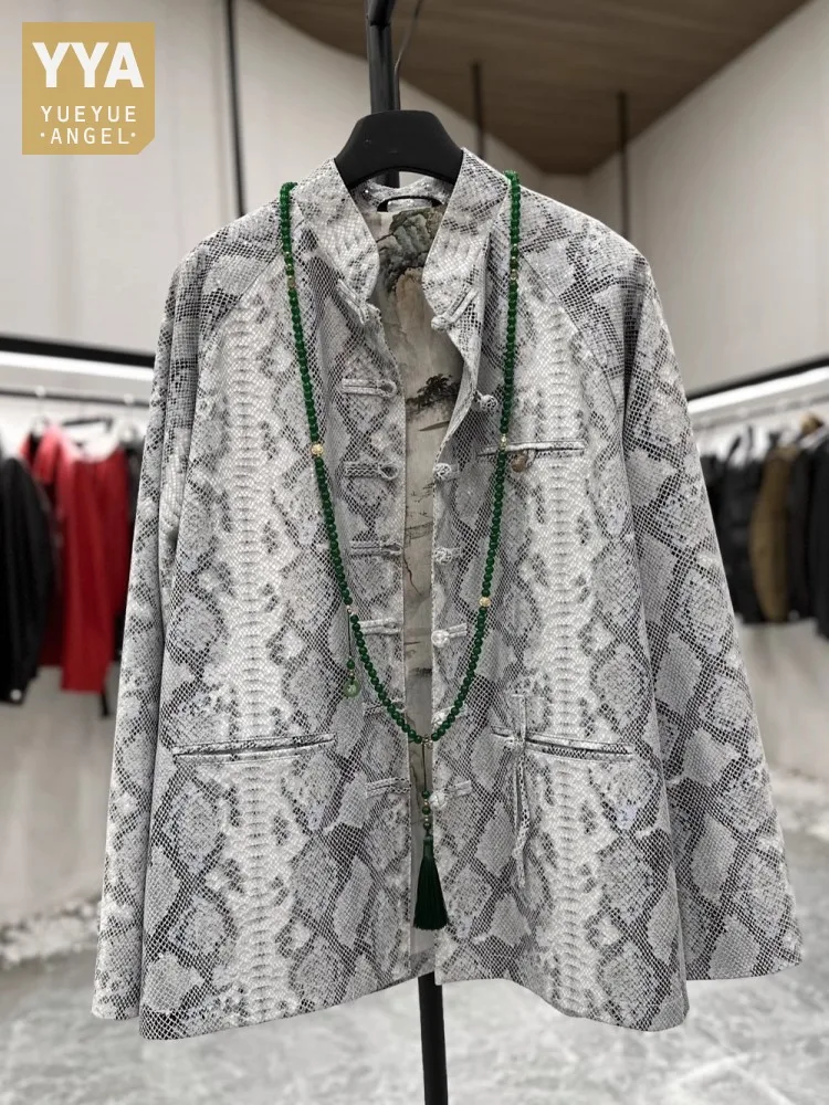Vintage New Mens Snake Pattern Sheepskin Genuine Leather Jacket Chinese Style Stand Collar Loose Fit Casual Outerwear Coat Male