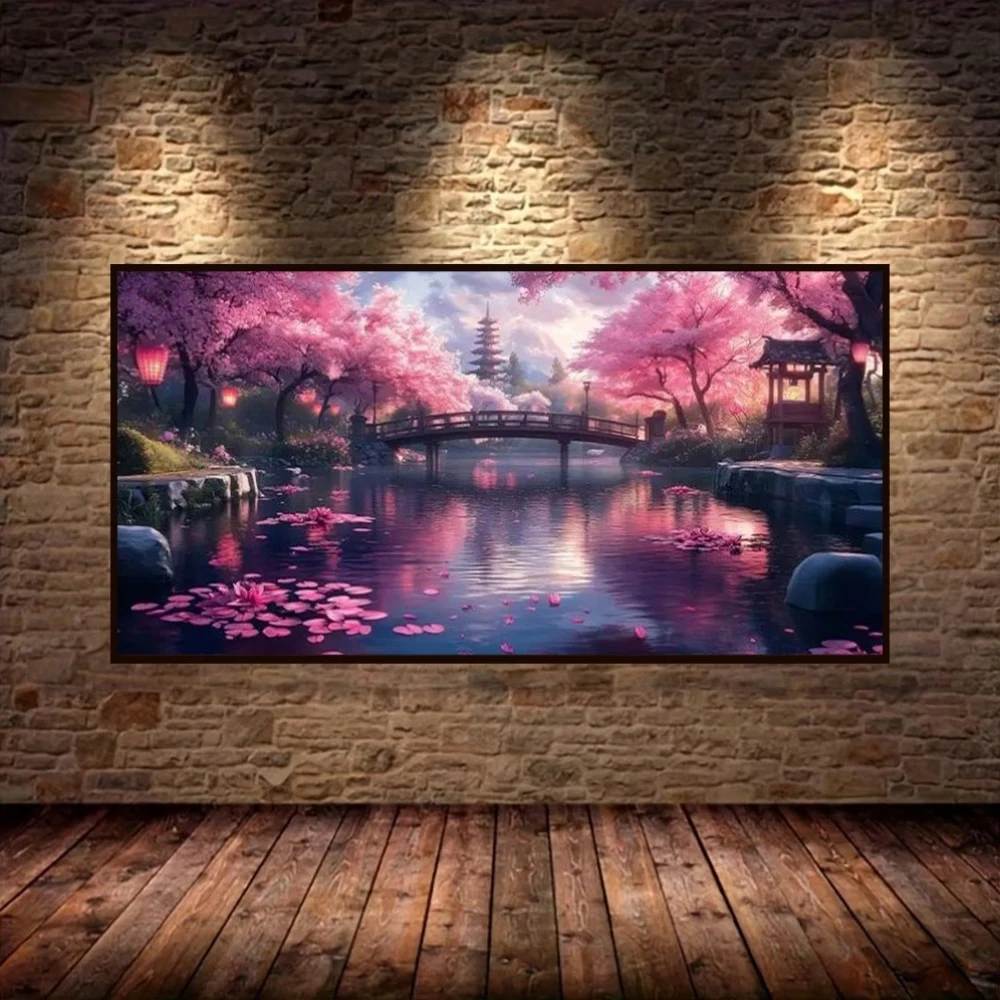 DIY Diamond Painting Set,Full Square Round Pink Tree Bridge Landscape Diamond Art Mosaic Craft Handmade Home Decor
