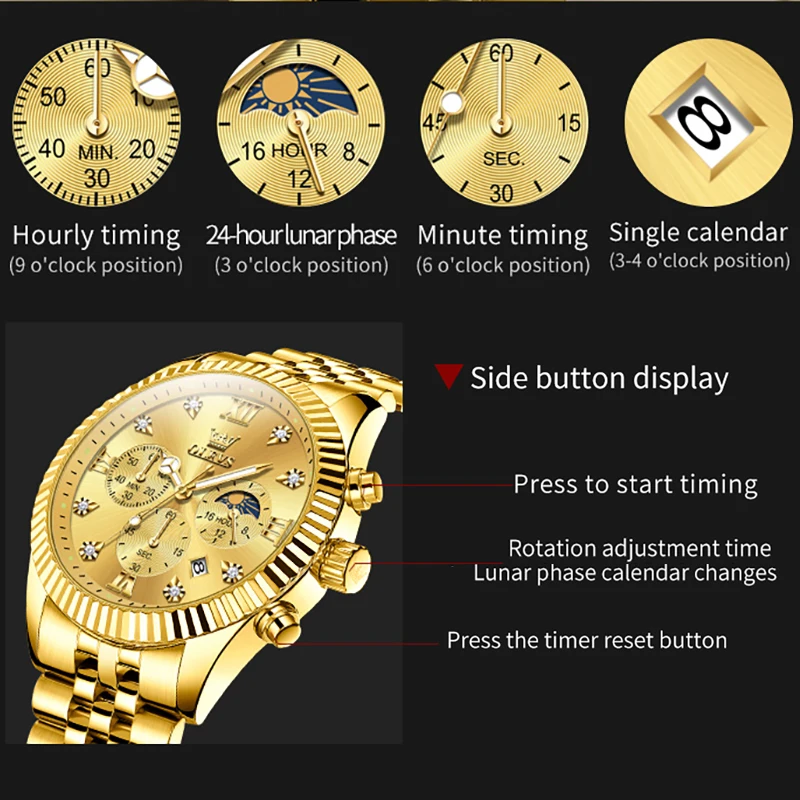 OLEVS 2932 Mens Watch Original Quartz Wristwatch Chronograph Zircon Scale Waterproof Luminous Watches For Men Three Small Dial