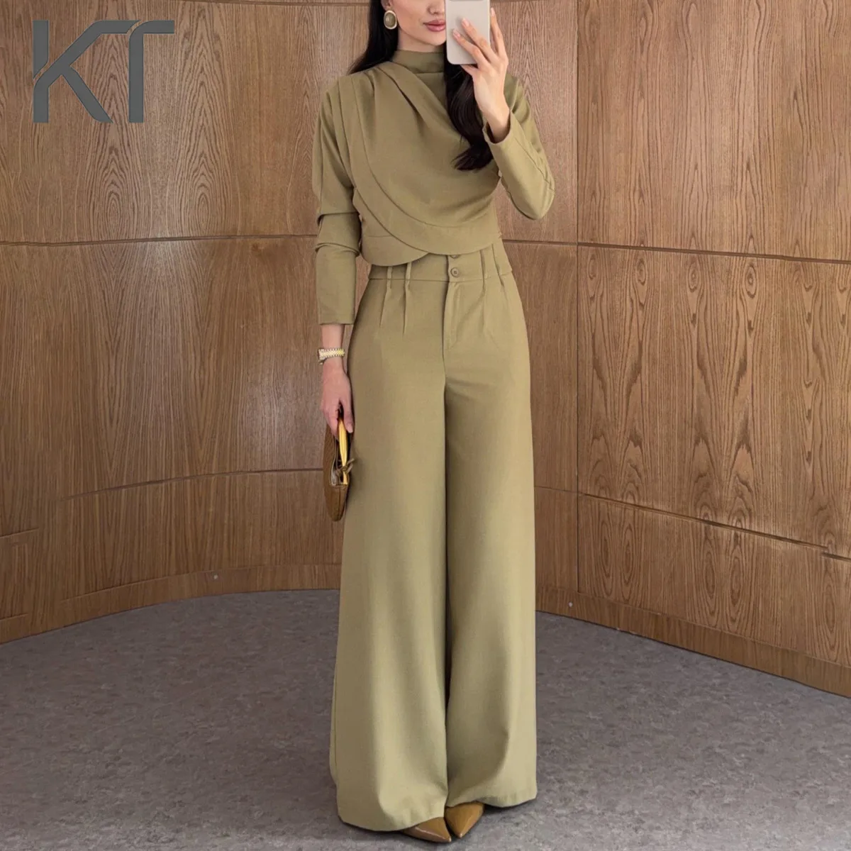 

KT Elegant Draped High Neck Two Piece Set For Women Long Sleeve Fitted Top & High Waist Wide Leg Pants Office Formal Wear Suits