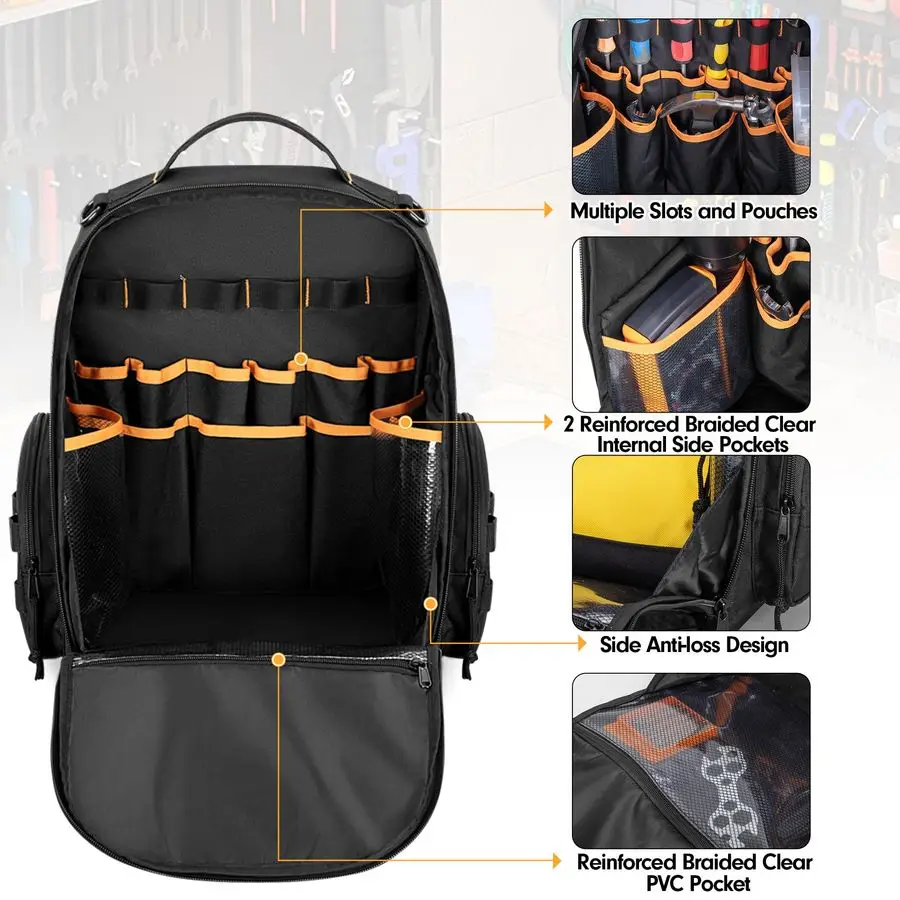 Bag Backpack with 3 Tool Zipper Pouch, Tool Organizer Bag for Men with Padded Support, Tactical Tool Storage Work Bag for Repair