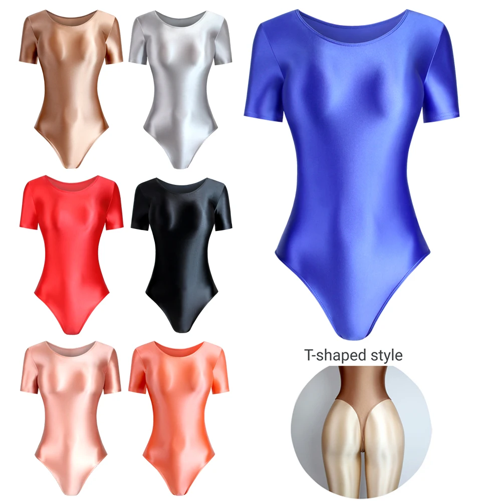 MJINM Women Satin Glossy One Piece Swimsuit High Waist Leotards Short Sleeve Swimwear T-back Tights Fitness Spandex Bathing Suit