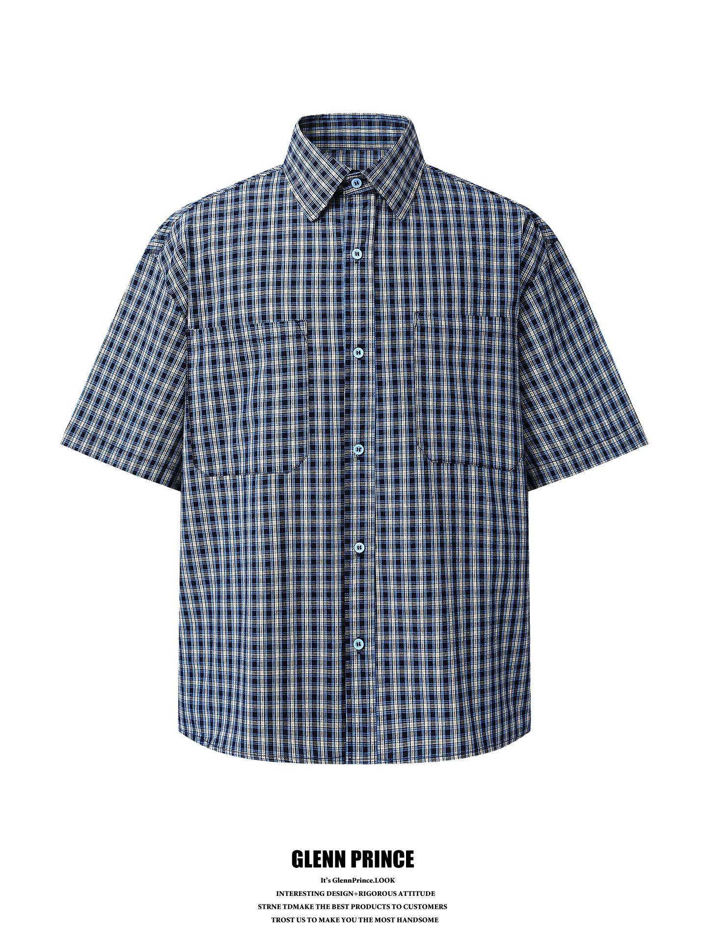 

American Retro Blue Plaid Short Sleeve Shirt Men's Summer Lazy High-End Commuter Casual Shirt Loose Fit Youthful Popular Poly...
