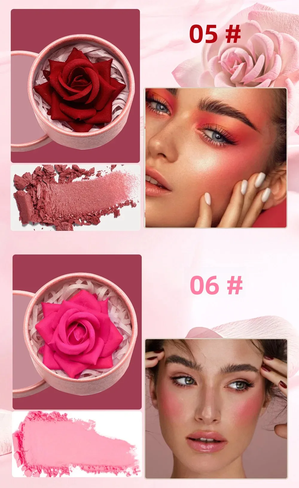 SAM SUGAR 3D Three-Dimensional Rose Blush, High Gloss, Naturally Enhances the Complexion, Small Petals, Nude Makeup Color:06