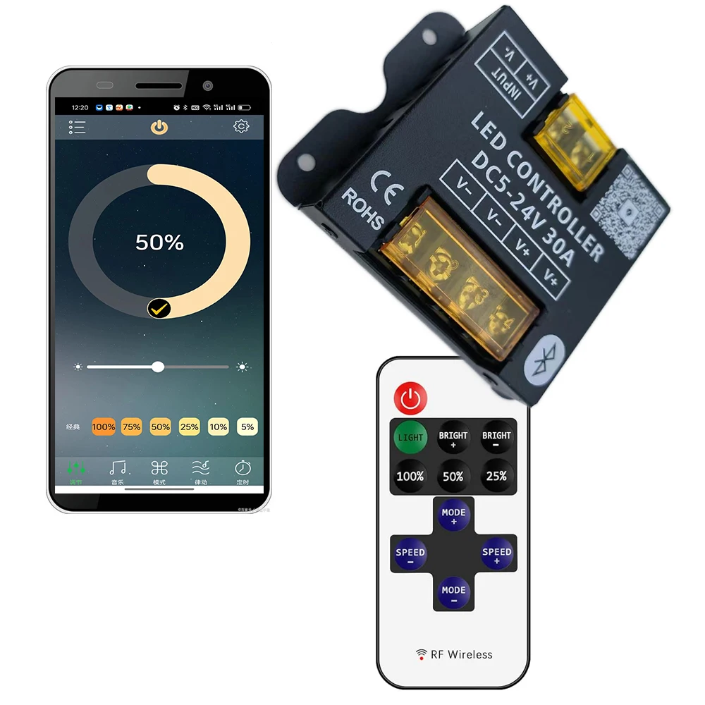 DC5v12v24V 30A 360W Mobile phone app Bluetooth connection LED Strip Controller dimmer With RF Touch Remote Use For  LED Light