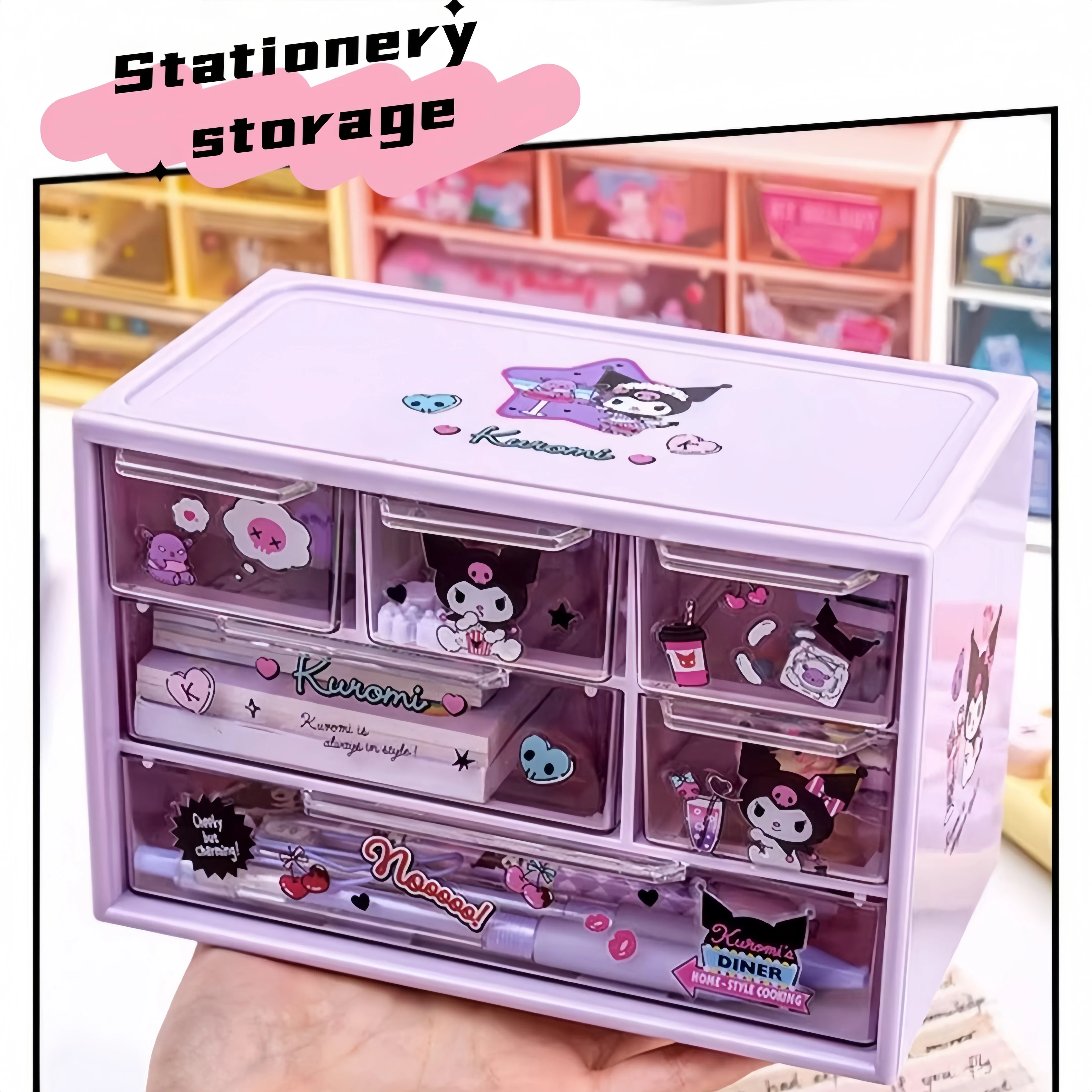 Cute Sanrio Transparent Storage Box 6 Grid Kuromi Cinnamoroll Melody Desktop Drawers Organizer Desktop Accessories Stickers