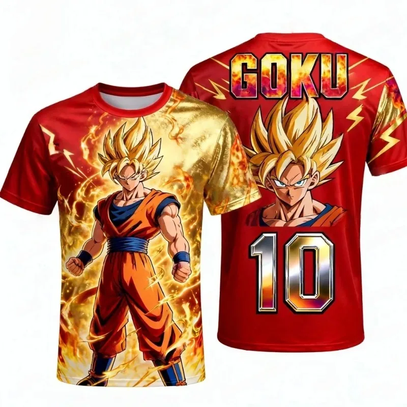 Summer Dragon Ball Goku Red Flame Football Shirt Multiple Fashionable Casual Sports Shirts for Adults Children Plus-size T-shirt
