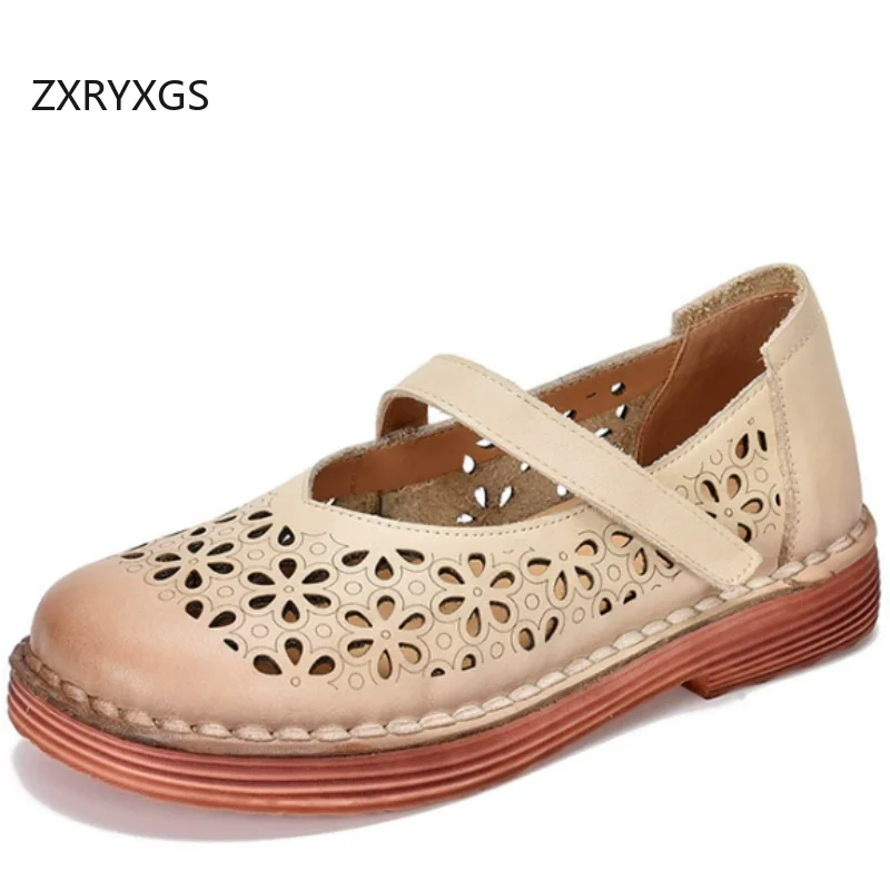 

ZXRYXGS 2026 Весна-Лето: Элегантные дышащие женские сандалии-балетки из натуральной кожи с перфорацией, полностью кожаные, комфортные, модные