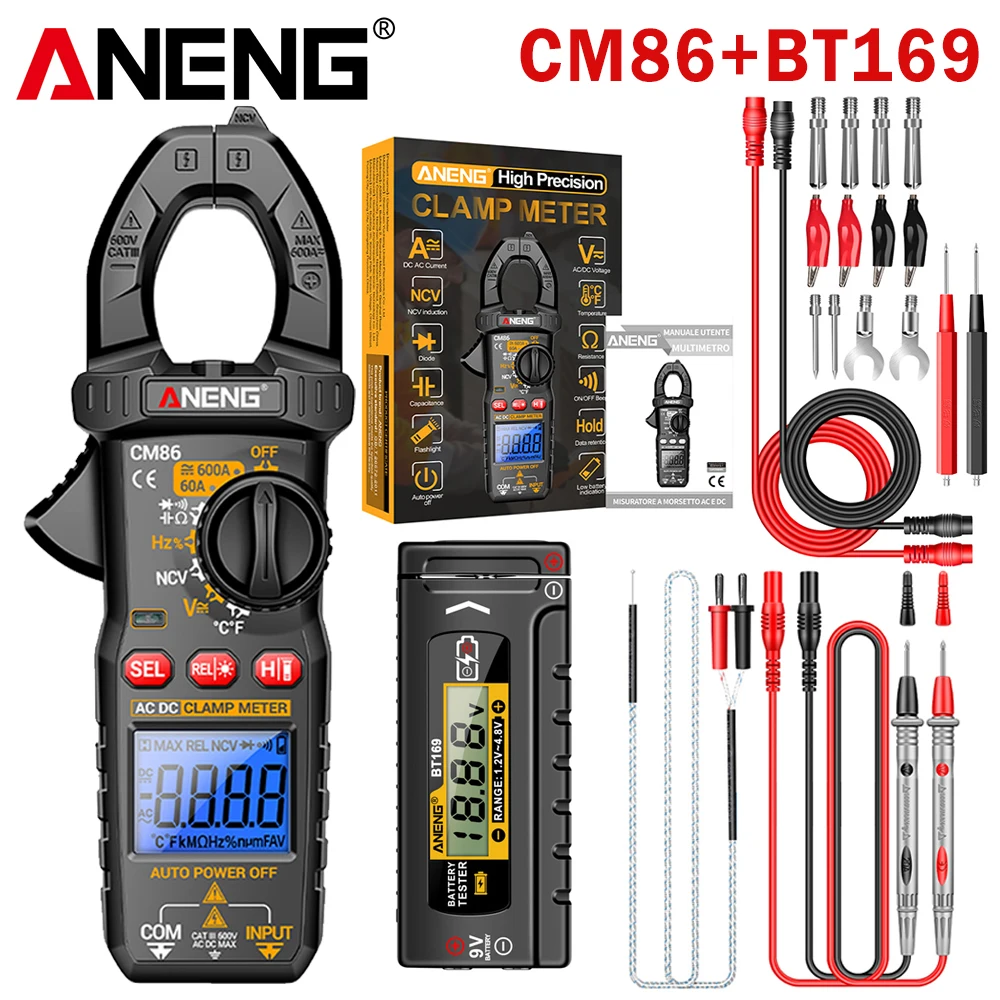 ANENG Stroomtang Multimeter Digitaal 600A AC/DC Stroom Spanning Diode Tester CM86+BT169 Universele Batterij Professionele Detector