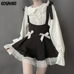 KOSAHIKI Japanese Style Gothic Lolita Sets Girly Sweet Kawaii Bow Tulle Patchwork Shorts Pants White Blouse Women Cute Outfits