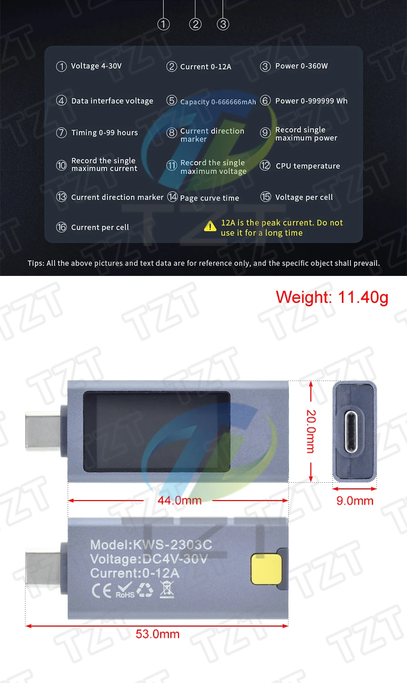 KWS-2303C Multifunktions-Digitalanzeige DC-Spannungsmesser Amperemeter Leistungsmesser Typ-C Handy-Ladetester DC 4-30V 0-12A – Detail 9