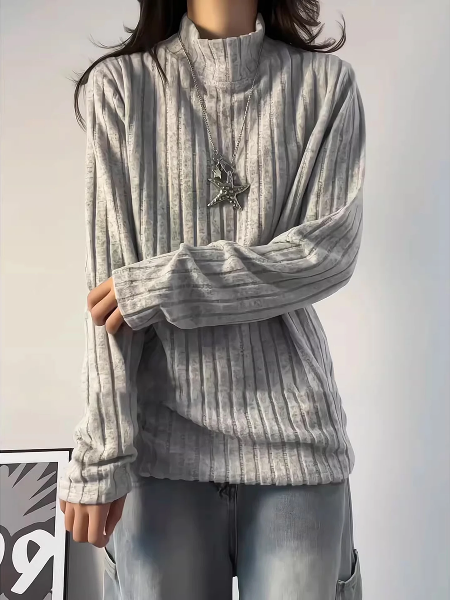 

ay Striped Long Sve Fce Lined Sweatirt Loose Fit High Ne ex Autumn Winter Comfortable Casual Base Layer irt