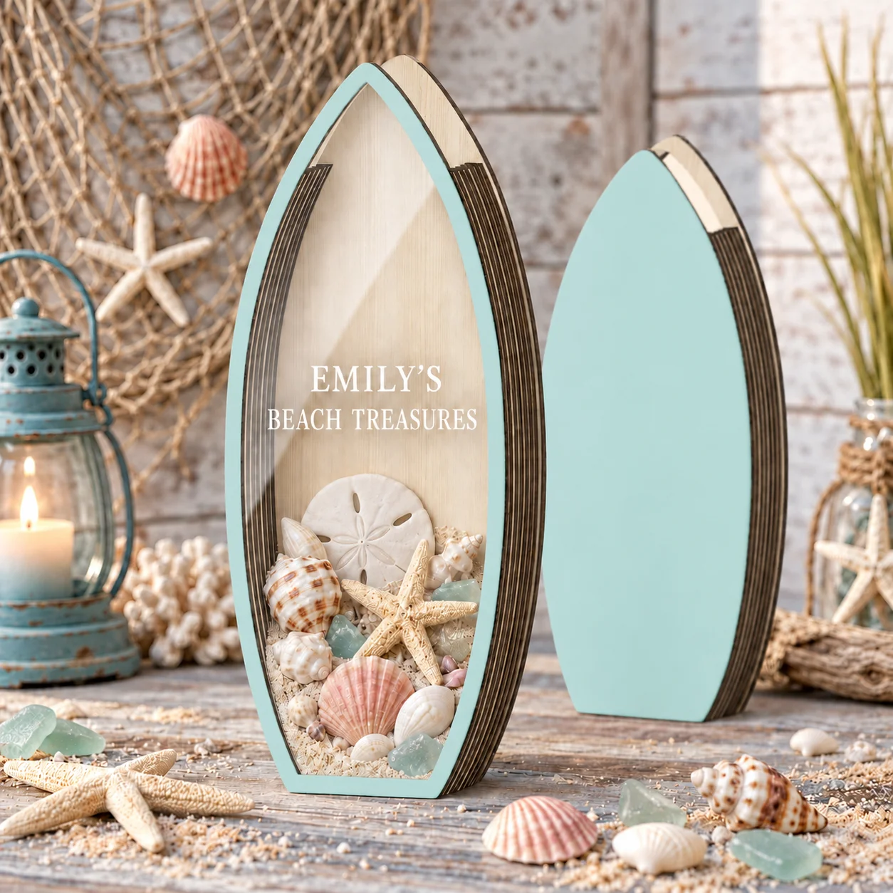 Personalized Surfboard Shape Wooden Box Custom Text Beach Treasures Seashell Display   Storage Box Nautical Home Decor Gift