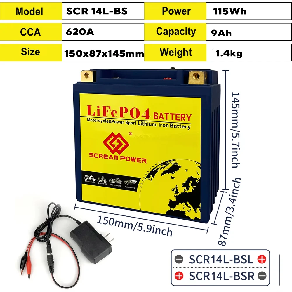 14L-BS Motorcycle Battery 12V 9Ah CCA 520A LiFePO4 Lithium Iron Phosphate Batteries Jump Starter Battery for Scooter ATV UTV