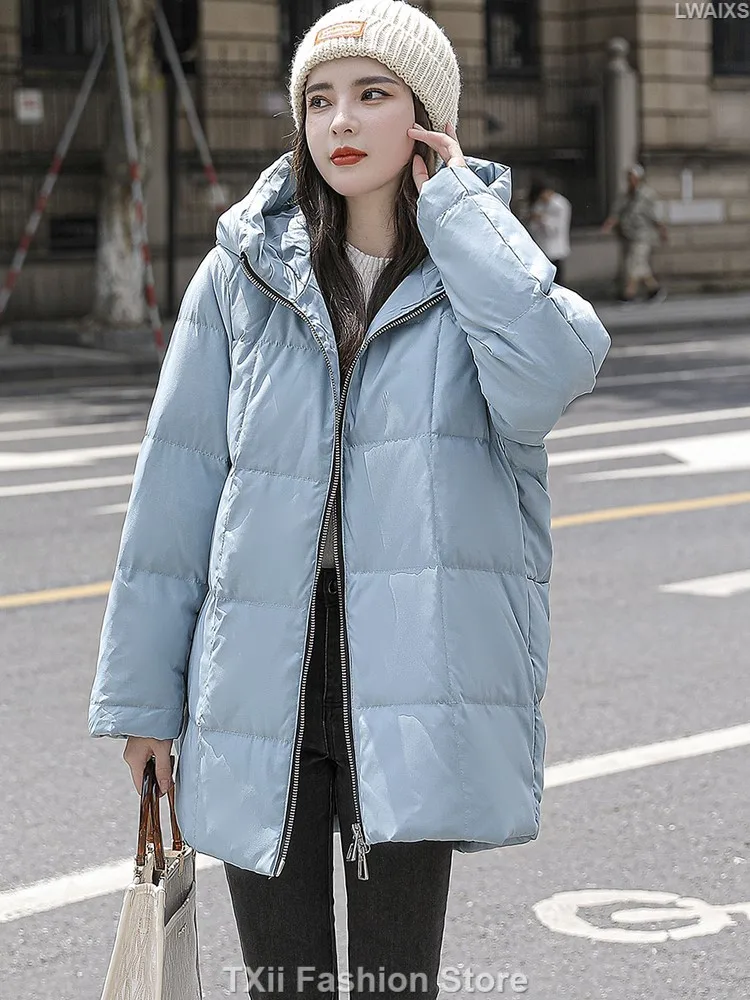 Solid Color Simple Plus Size Down Jacket Women's Mid-length 2023 New White Duck Down Thickened Chubby Sister Jacket Good Quality