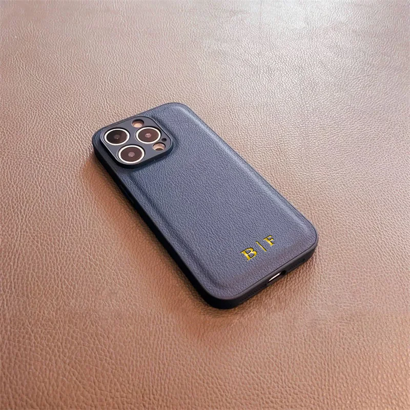 Leather Personalized Name Case For iPhone 16 15 14 13 12 11 Pro Max 14 15 16 Plus Customized Initials Lens Protection Cover