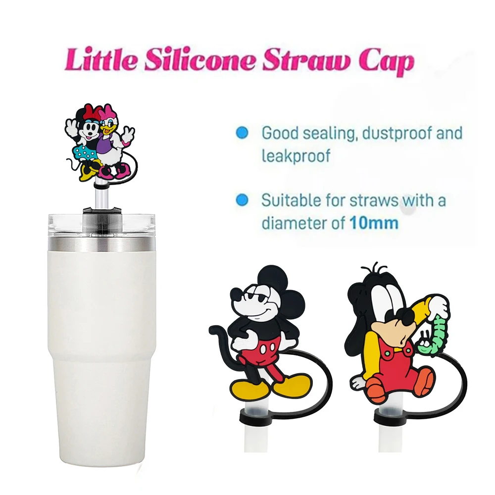 MINISO Disney Mickey Minnie Straw Cover Cap Cartoon 10MM Silicone Drink Straw Plug Reusable Splash Proof Drinking Cup Straw Cap