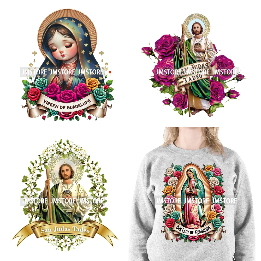 Cute Floral Mexico San Judas Tadeo Virgin Our Lady of Guadalupe Iron On DTF Transfers Stickers Ready To Press For Sweatshirts