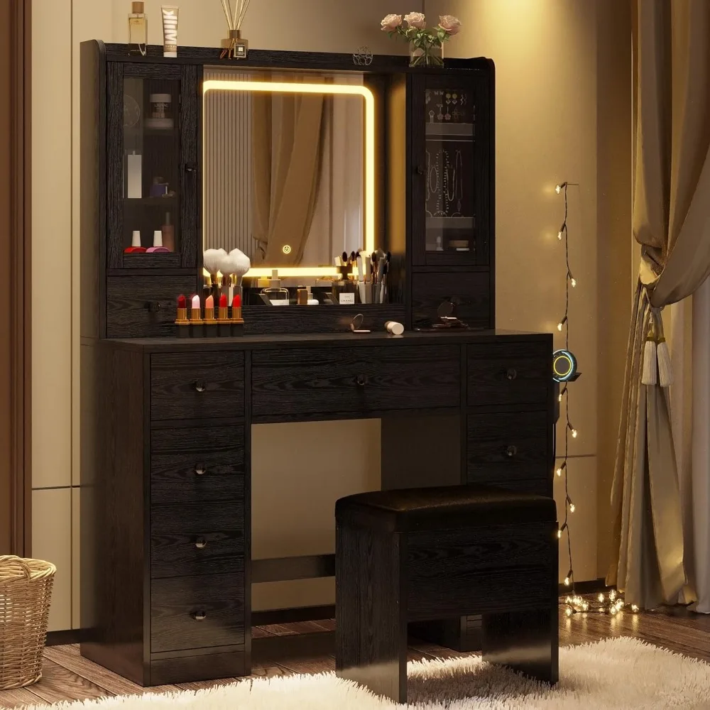 Dresser with LED mirror and charging station, dressing table with jewelry cabinet, storage stool and 11 drawers