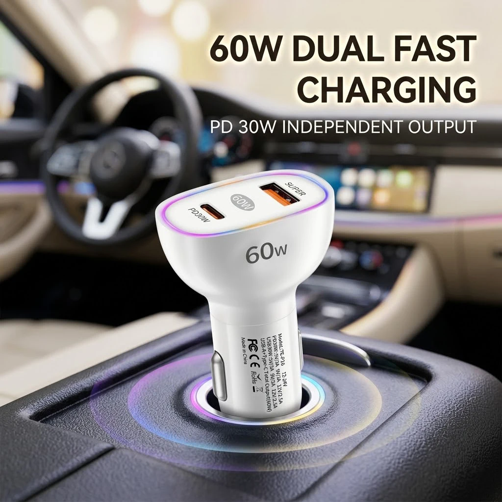 Dual Port 60W Car Charger USB C PD & USB A Fast Charging Auto Adapter 12V-24V Power Outlet For iPhone For Samsung ﻿