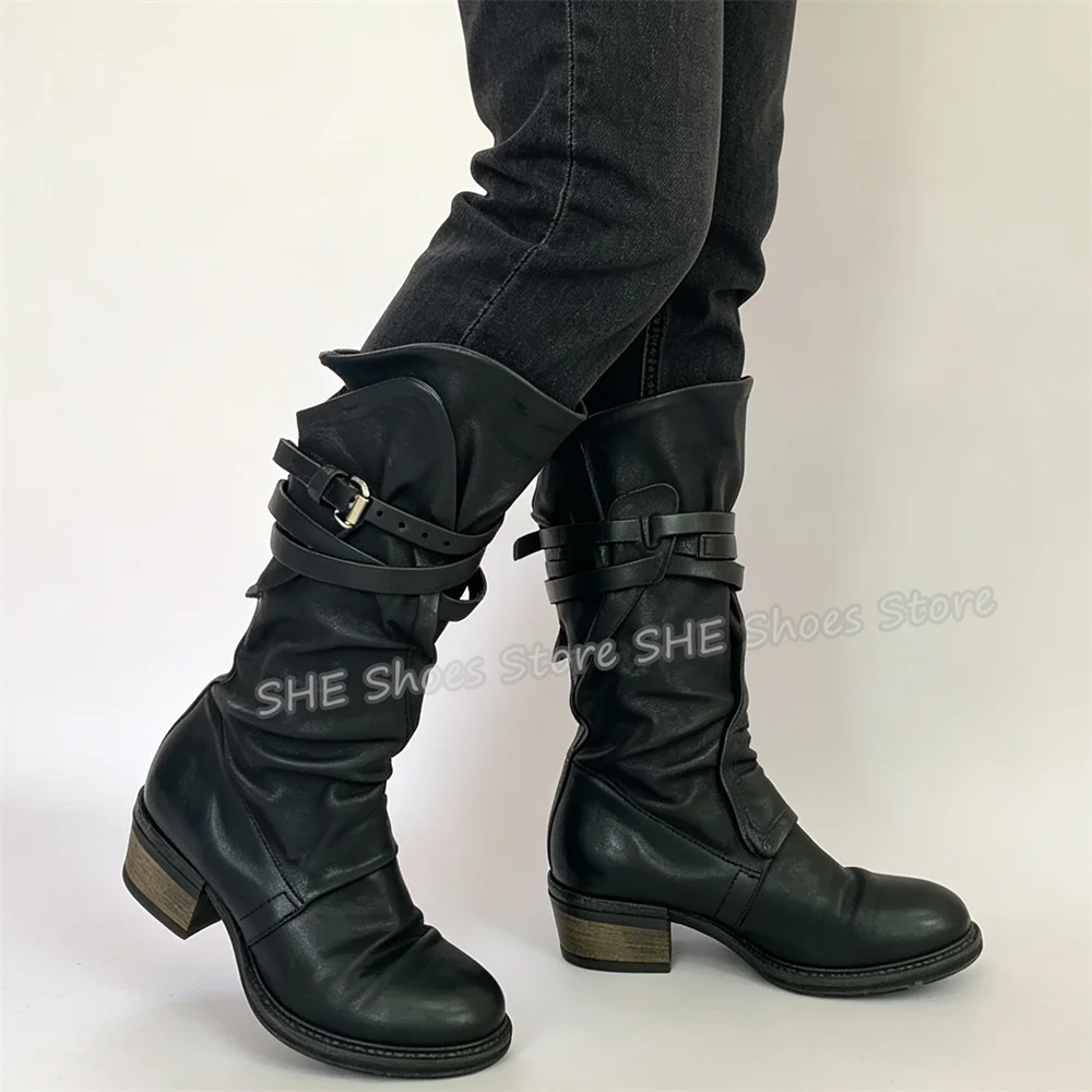 Vintage Distressed Belt Buckle Knee High Long Boots Women Round Toe Chunky Heel Zipper Motorcycle Boots Y2K Outside Street Boots
