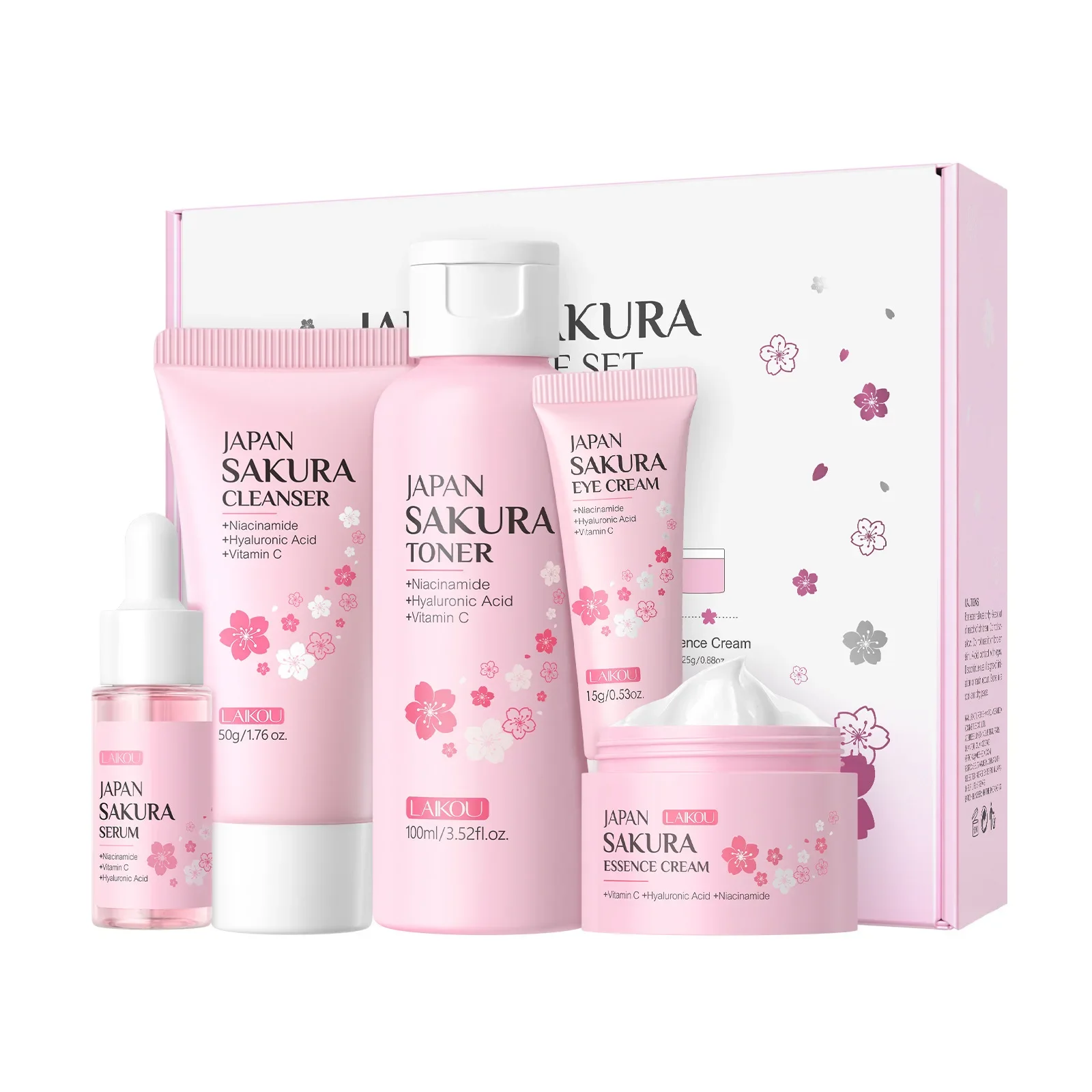 

Набор для ухода за кожей Cherry Blossom, 5 шт., увлажняющий увлажняющий крем, очищающий тонер, сыворотка, крем-эссенция, крем для глаз, осветляющий светящийся