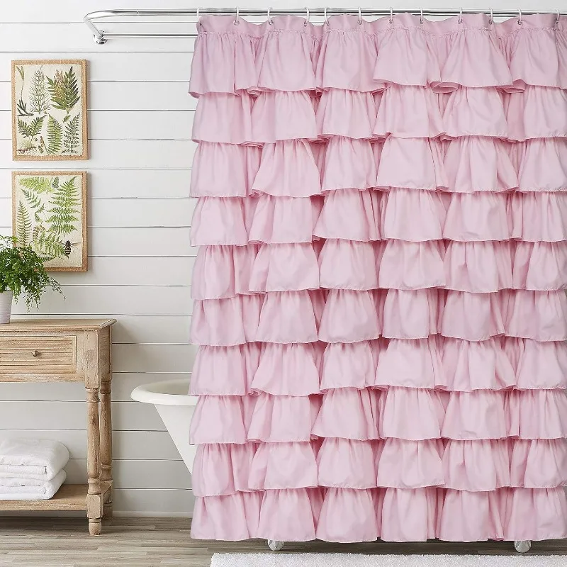 Pink Ruffle Shower Curtain Farmhouse Rustic Fabric Cloth Shower Curtains for Bathroom, 72