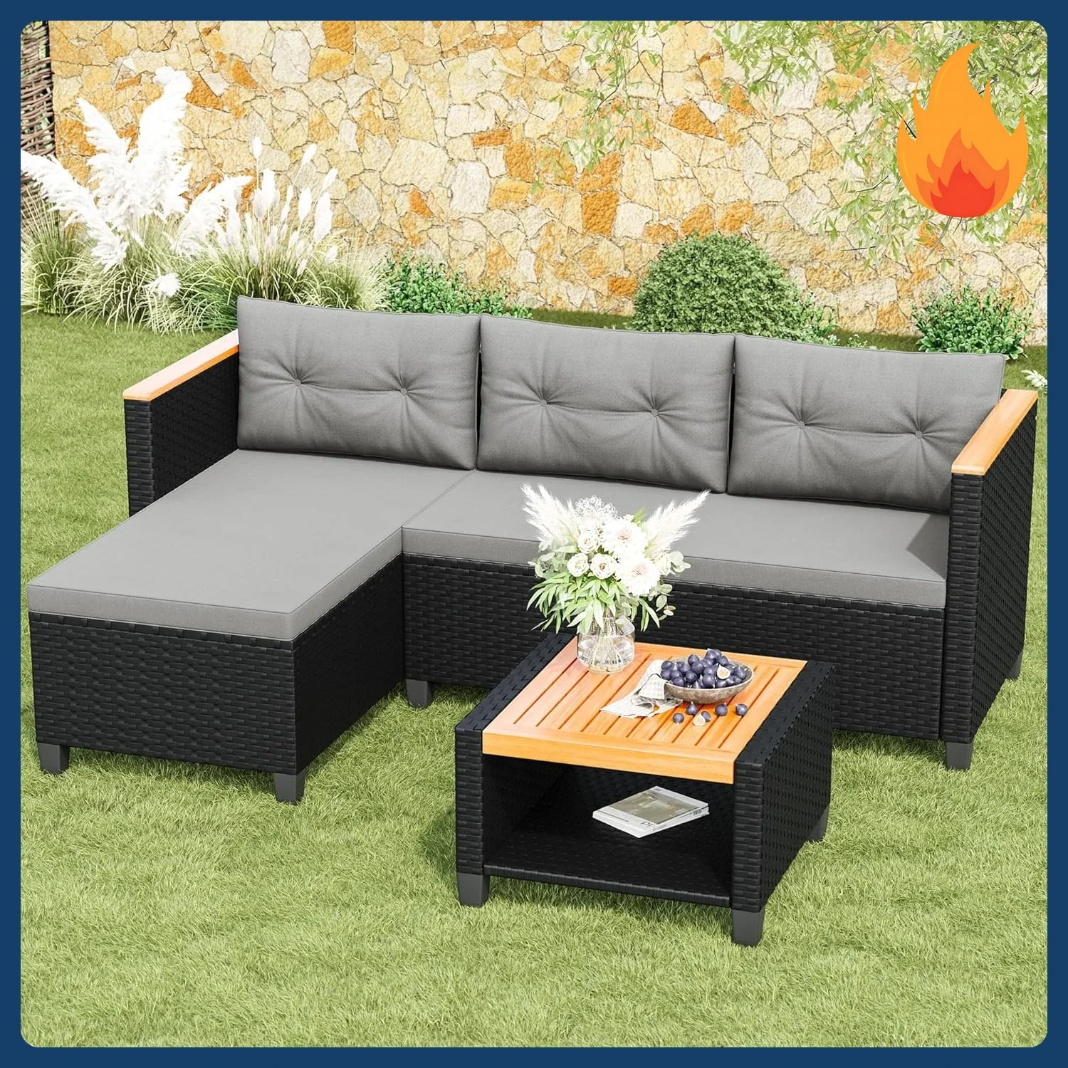 

[New Arrival!]3-Piece Outdoor Patio Furniture Set, All-Weather PE Rattan Patio Sofa with Storage Table, L Shaped Outdoor Couch w