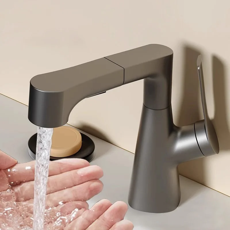 Modern Brass Grey Deck Mounted Single Handle Pull Out Spray Height Adjustable Basin Faucet Taps