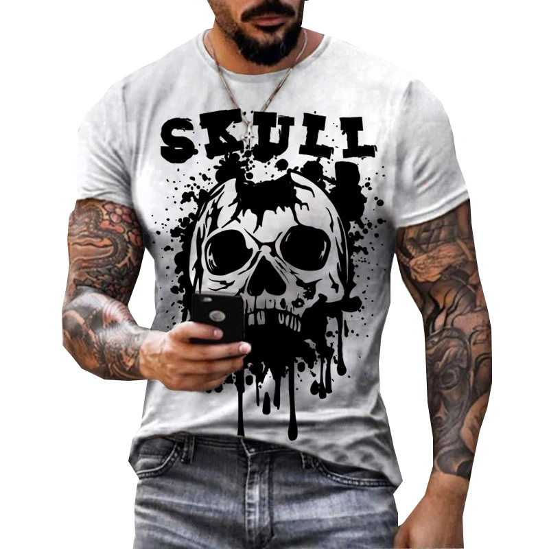 3D Skull Printed Black Streetwear Men\'s T-Shirts Short Sleeve Round-Neck Horror Halloween Man Tops Loose Gothic Round-Neck Tees