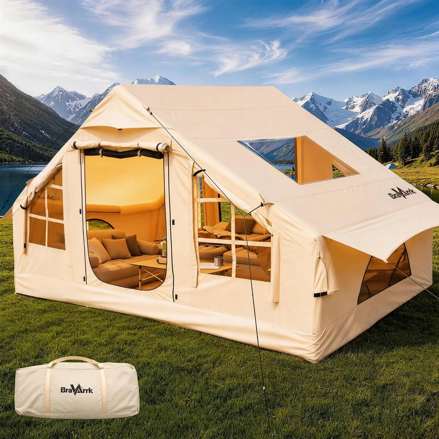 Inflatable Camping Tent Skylight Stove Jack Accommodate 4 6 8 Person