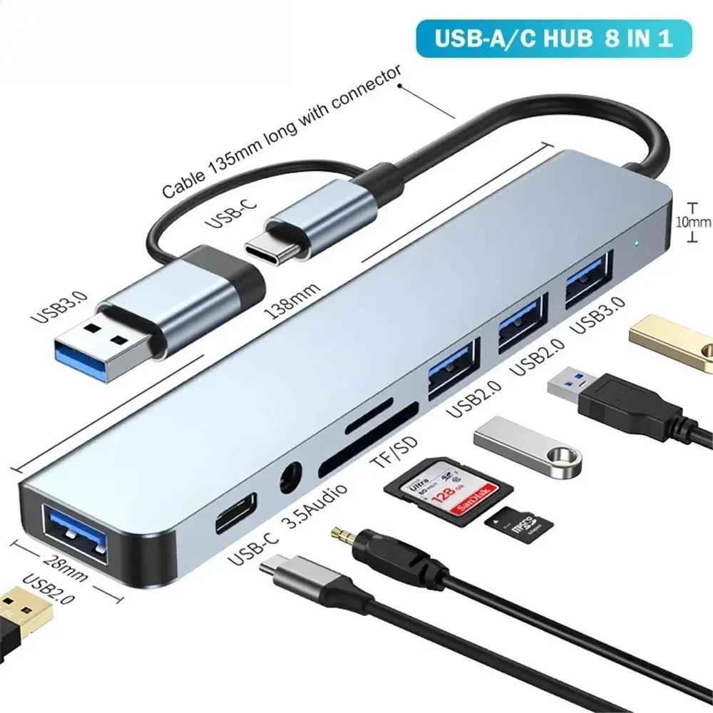 

8 in 1 USB C Hub Expander Multiport Adapter Type C Splitter Dock USB 3 Port for Xiaomi Phone Tablet Fast Data Transfer Charging