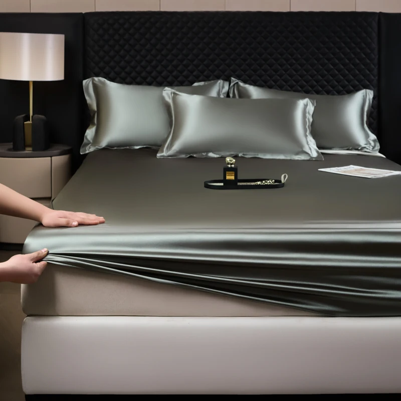 Solid Color Fashion Satin Fitted Sheet Rayon Mattress Cover with Elastic Band Bed Sheet for Bedding 140x200 160x200