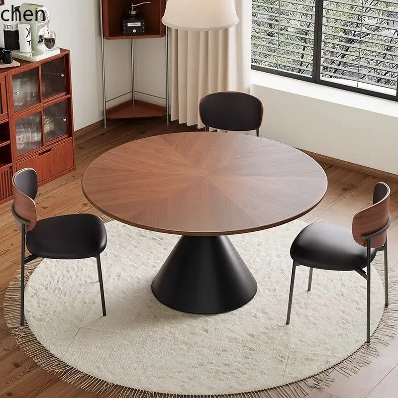 YFY   Dining Table Retro Home Use Round Solid Wood Round Table Black Walnut Wood Inlay Minimalist Small Apartment Dining Table
