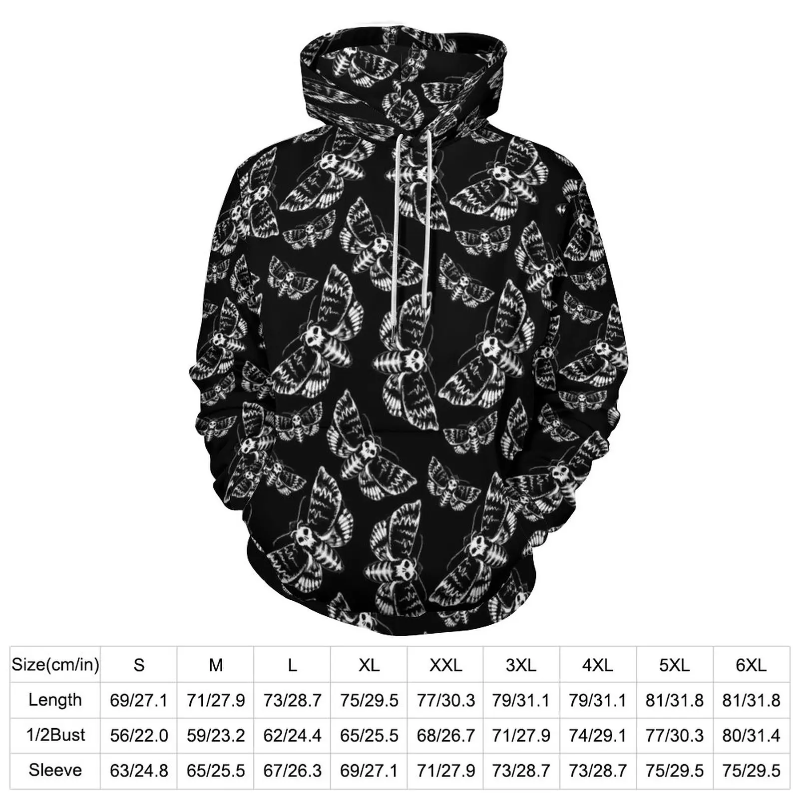 Gothic Print Casual Hoodies White Death Head Moth Kawaii Graphic Loose Hoodie Autumn Long Sleeve Harajuku Oversized Sweatshirts