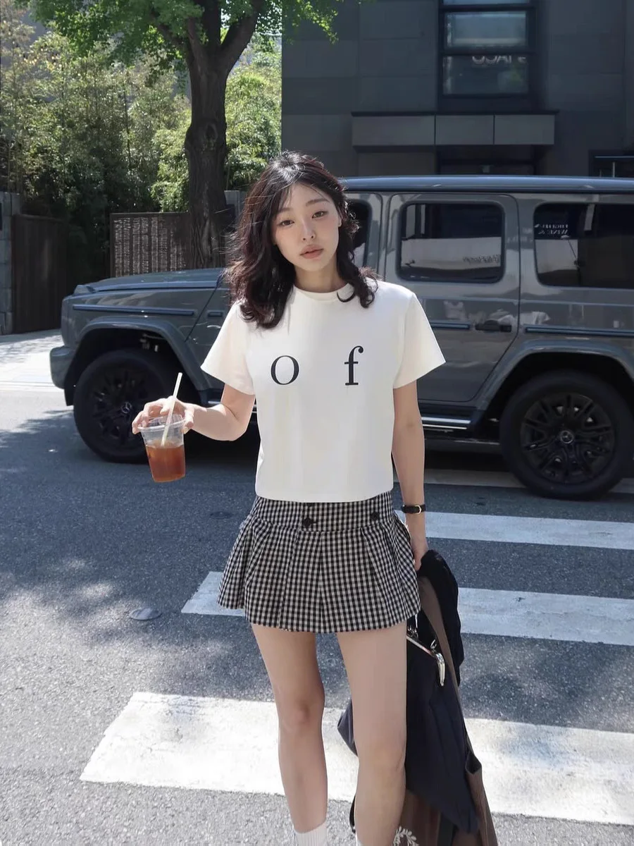 

Summer 2026 Dongdaemun Overflair Letter T-Shirt Plaid Skirt Set Women's Fashion Cotton Short Sleeve round Neck Two-Piece...