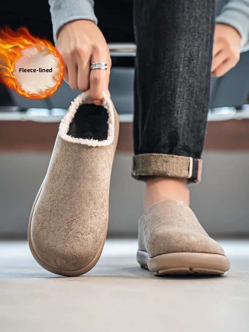 Thickened Cotton Slippers for Men Indoor Outdoor Wear Winter Home Shoes Anti- Slip Warm Casual Style Fleece Lined Rubber Sole
