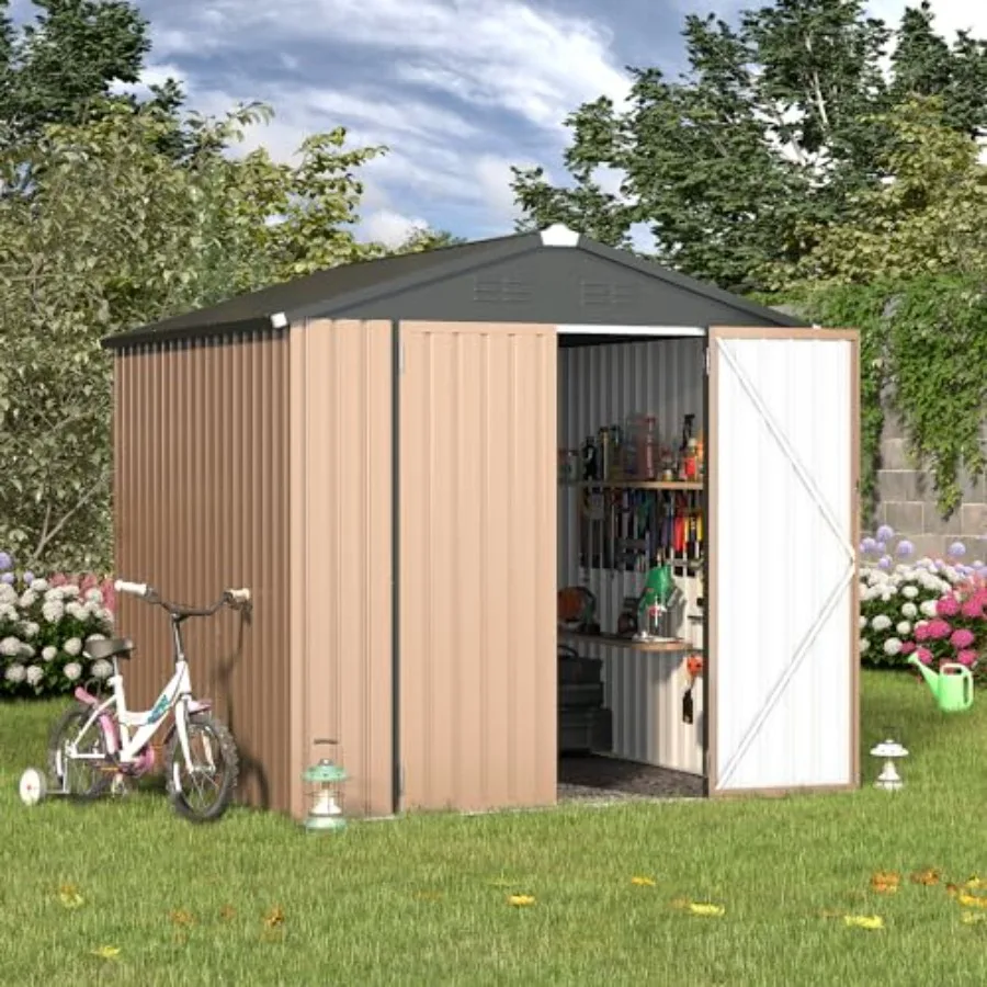 7' x 7' outdoor storage metal shed for garden, backyard, patio use; galvanized steel construction; gray finish; lockable, weath