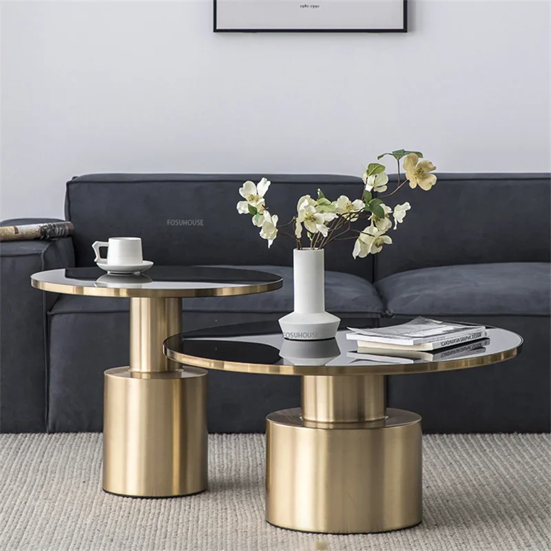 Nordic Luxury Metal Gold Coffee Table Side Modern Simple Coffee Tables Round Glass Living Room Home Furniture