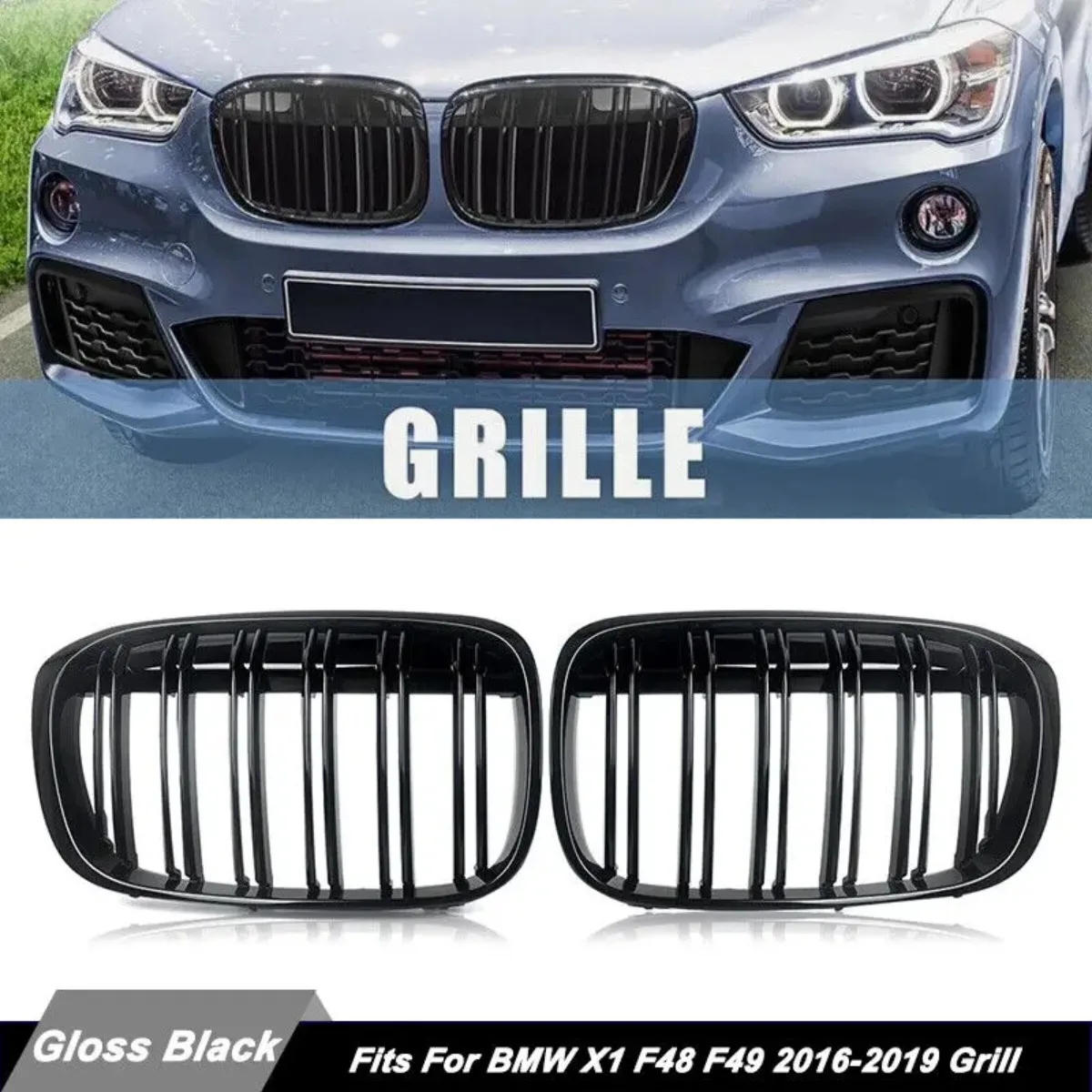 F48 Grill Front Bumper Kidney Grill Grille Glossy Black Racing Grille Dual Slat For BMW F48 F49 X1 2016 2017 2018 2019